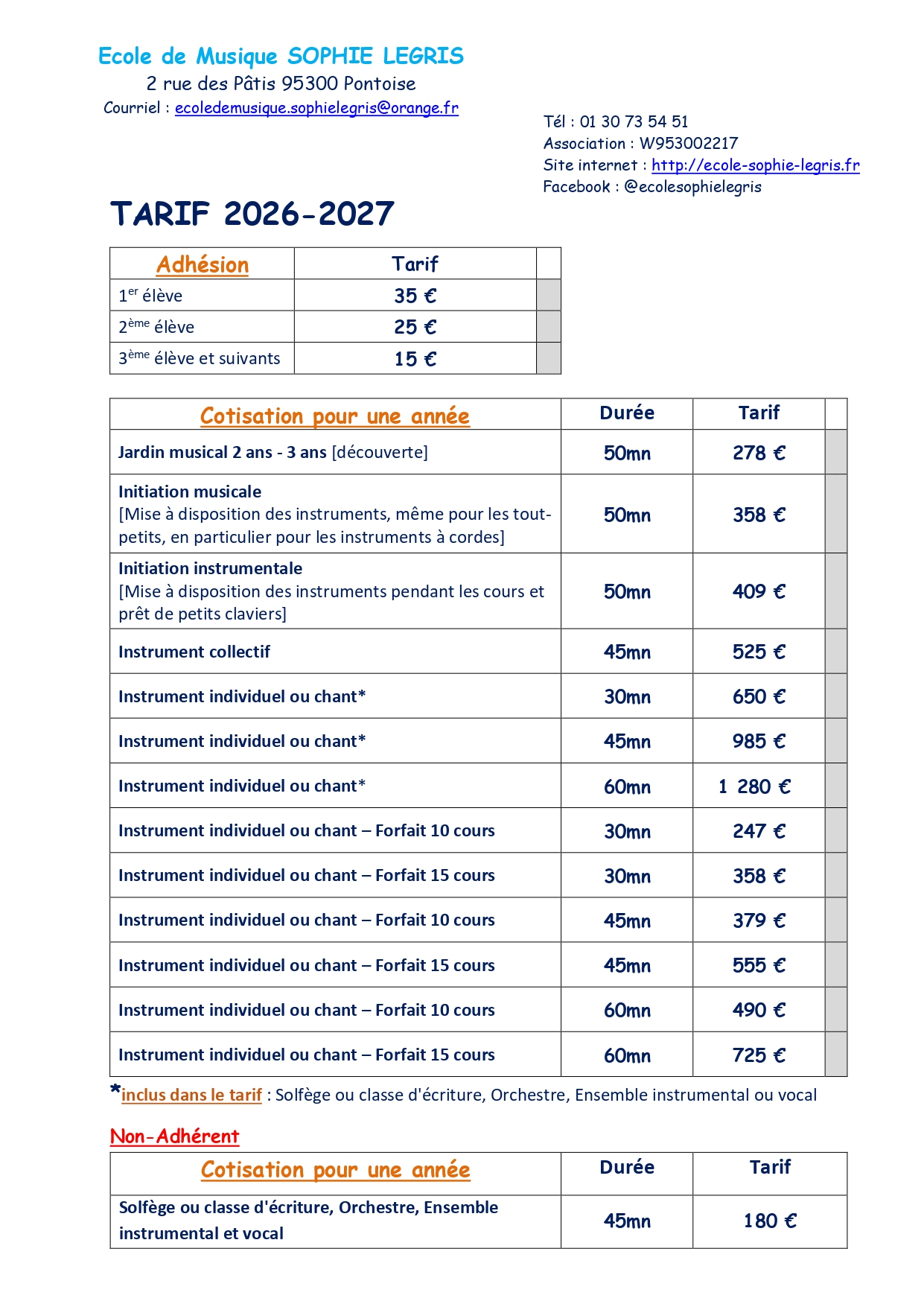 Tarif 2025-2026